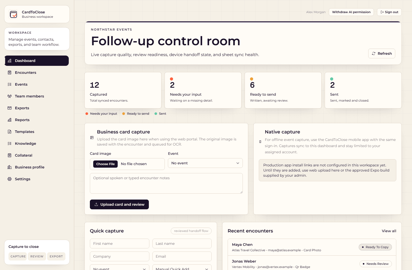 CardToClose Follow-up control room showing records that need input, are ready to send or have been marked as sent