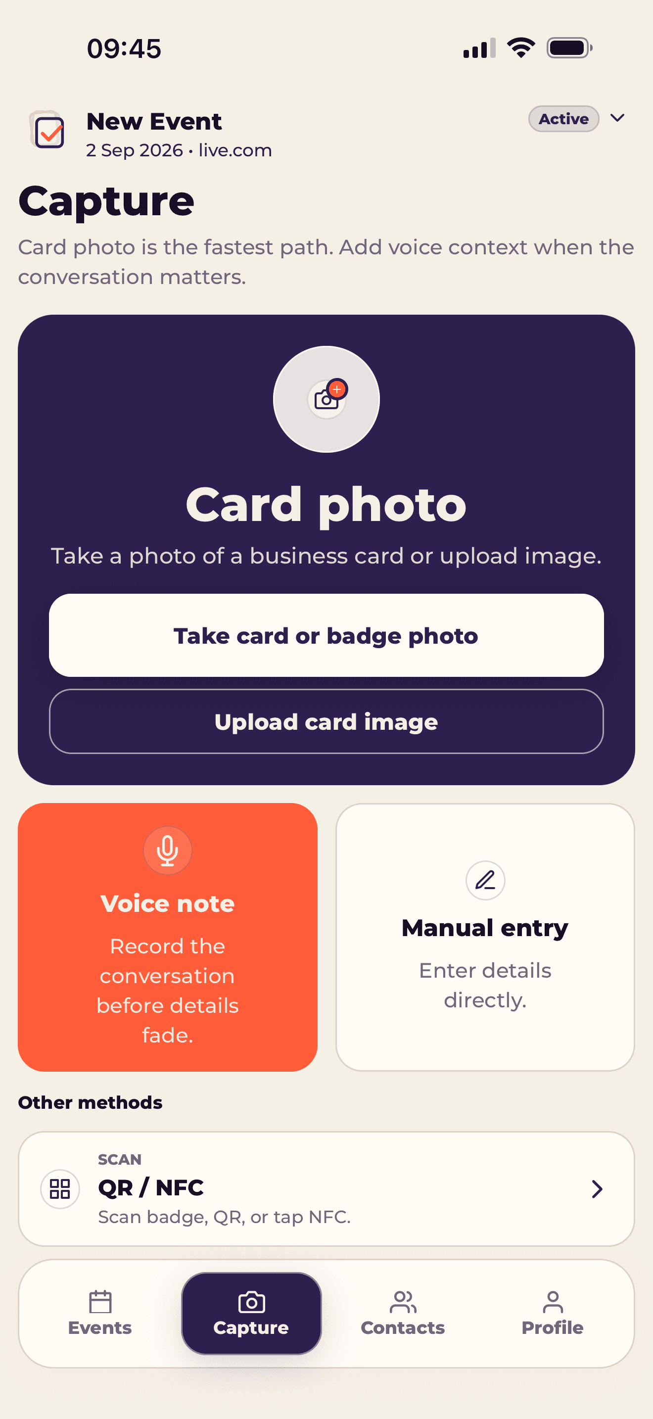 CardToClose mobile app capture screen showing card photo, voice note, manual entry and QR or NFC options
